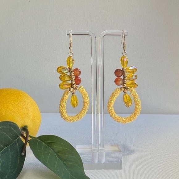 Lemon Drop Amber and Gold Beaded Sparkly Dangle Earrings - Picture 5 of 7